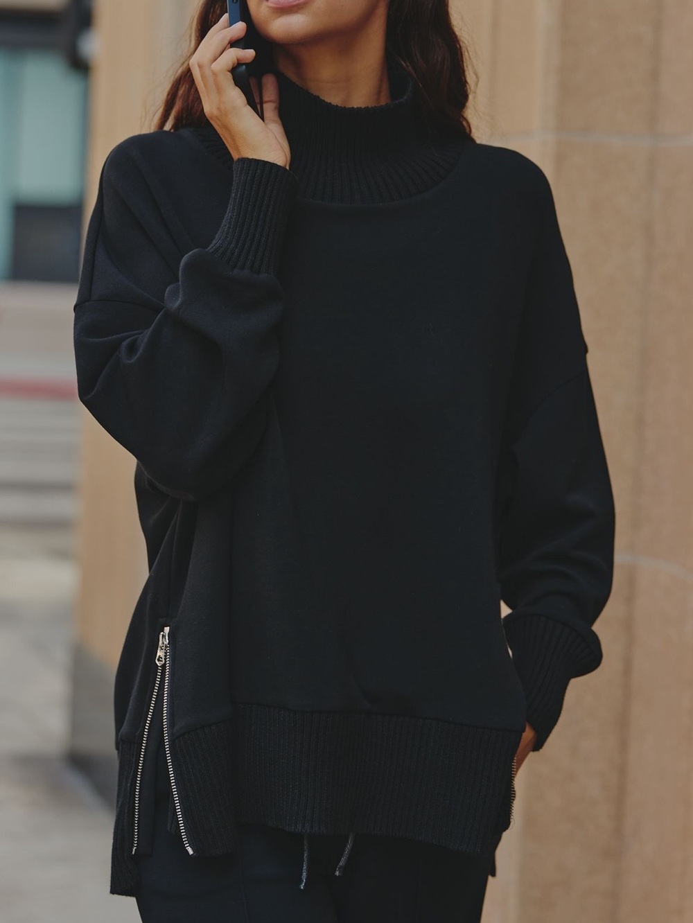 Varley Barker Turtleneck Sweatshirt Doublesoft Zip High Neck New Large Black